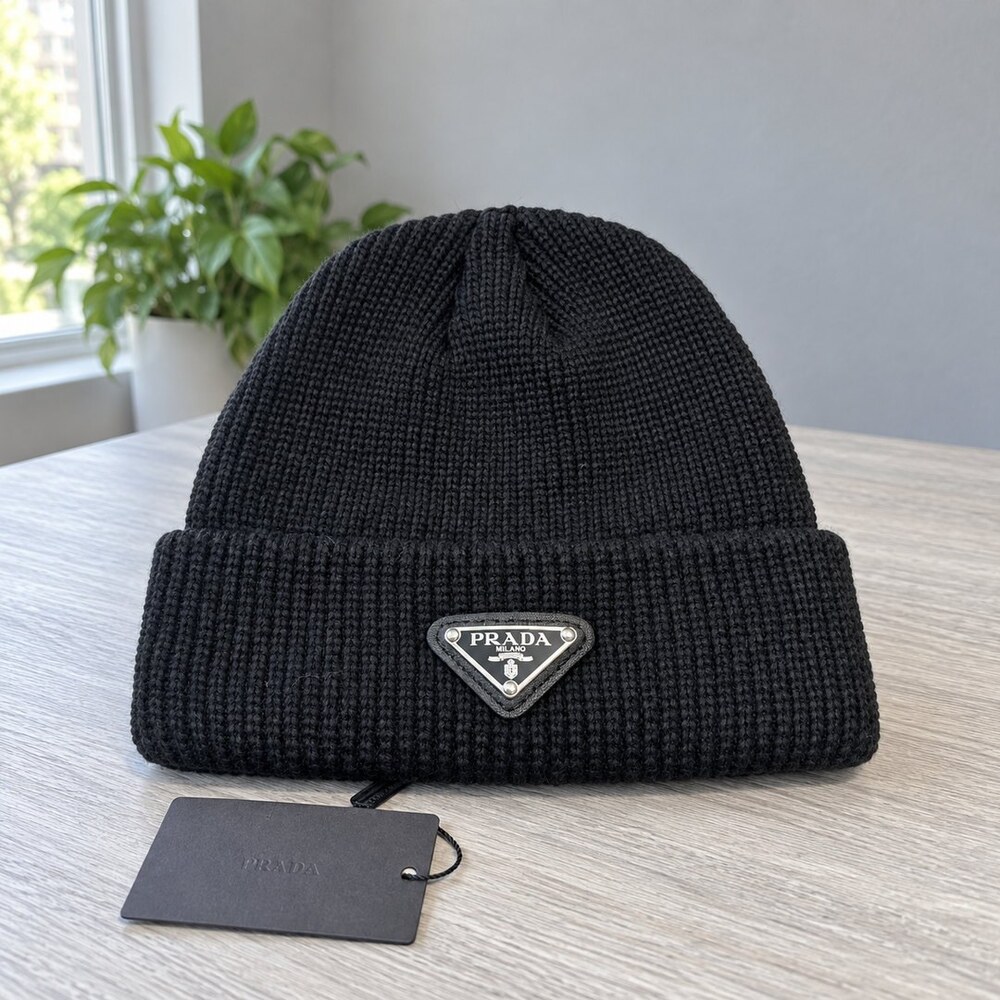 Prada Black Ribbed Triangle Logo Beanie